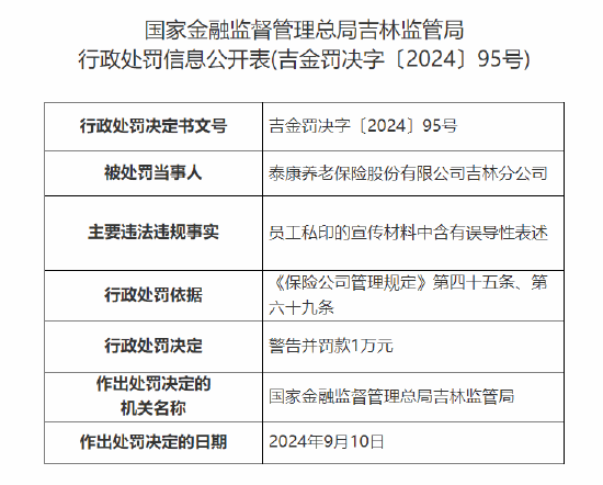 泰康养老吉林分公司被罚：因员工私印的宣传材料中含有误导性表述